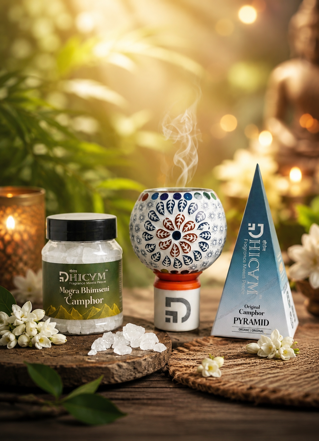 DHICAM Original Camphor Pyramid with Bhimseni Camphor & Ceramic Diffuser | Natural Aroma for Home, Office & Meditation