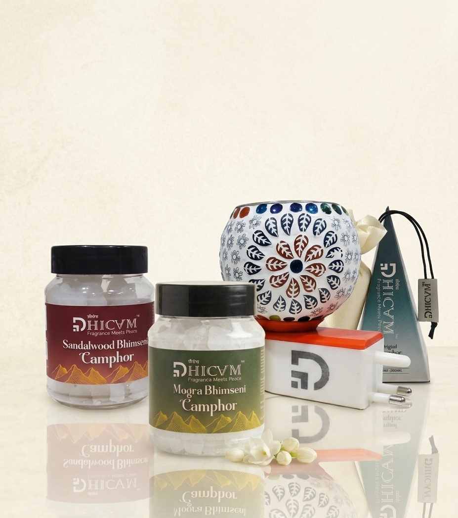 DHICAM Premium Camphor Fragrance Gift Set - Rose & Mogra Bhimseni Camphor with Original Camphor Pyramid and Diffuser