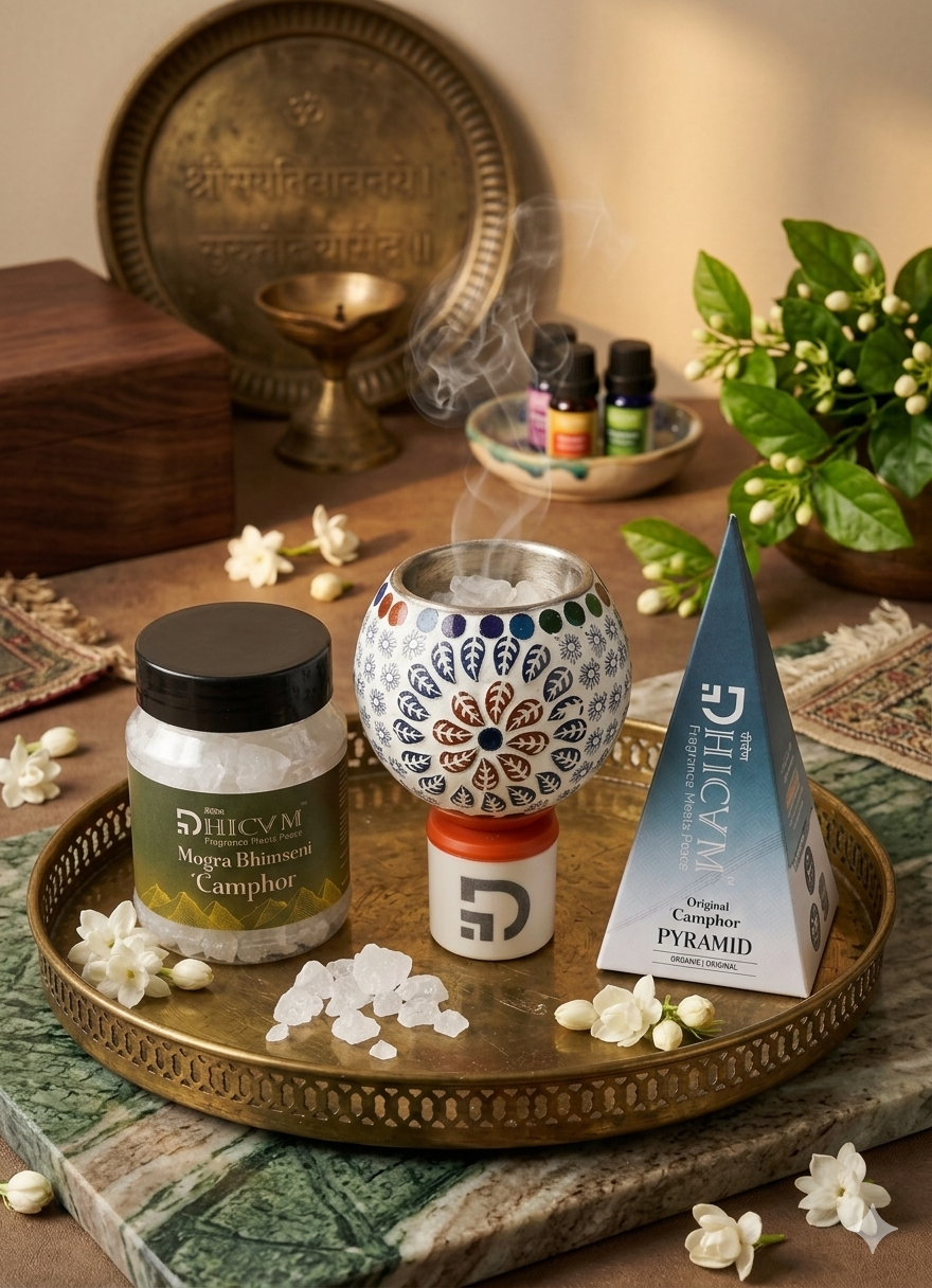 DHICAM Original Camphor Pyramid with Bhimseni Camphor & Ceramic Diffuser | Natural Aroma for Home, Office & Meditation