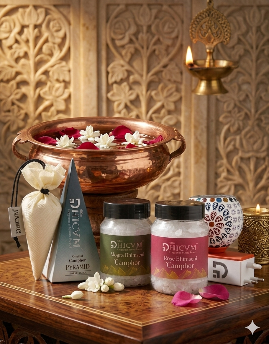 DHICAM Premium Camphor Fragrance Gift Set - Rose & Mogra Bhimseni Camphor with Original Camphor Pyramid and Diffuser