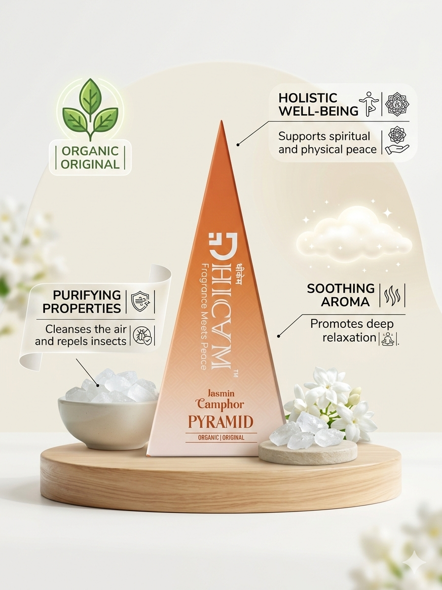 DHICAM Aroma Pyramid – Jasmine | Bhimseni Camphor Car & Room Freshener | 100% Natural | Zero Synthetic