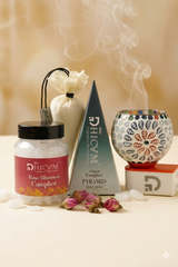 Premium Rose Camphor Combo by DHICAM – Bhimseni Camphor, Camphor Pyramid & Decorative Diffuser Set