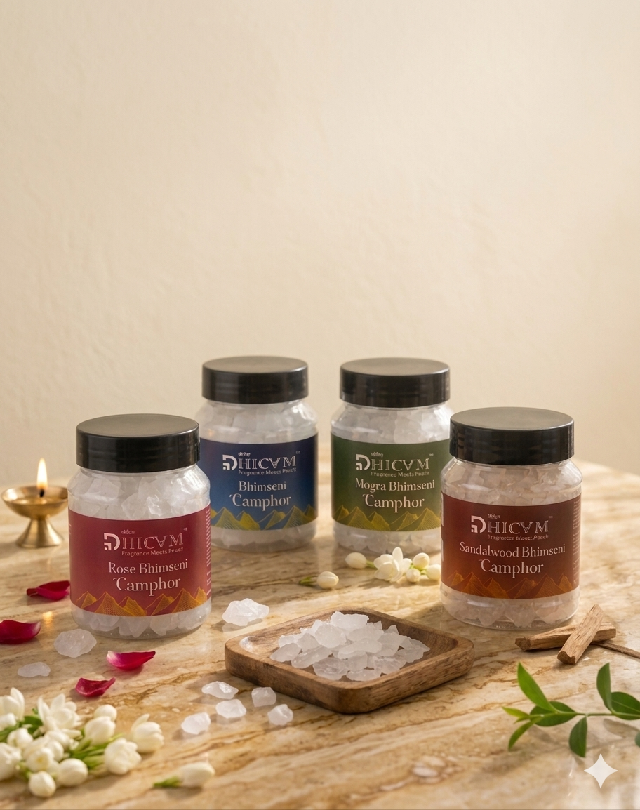 DHICAM Premium Bhimseni Camphor Combo Pack – Rose, Mogra, Sandalwood & Pure Camphor | Long Lasting Natural Aroma for Puja, Meditation & Home Fragrance