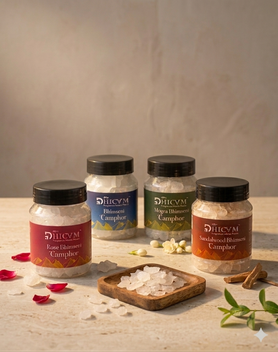 DHICAM Premium Bhimseni Camphor Combo Pack – Rose, Mogra, Sandalwood & Pure Camphor | Long Lasting Natural Aroma for Puja, Meditation & Home Fragrance
