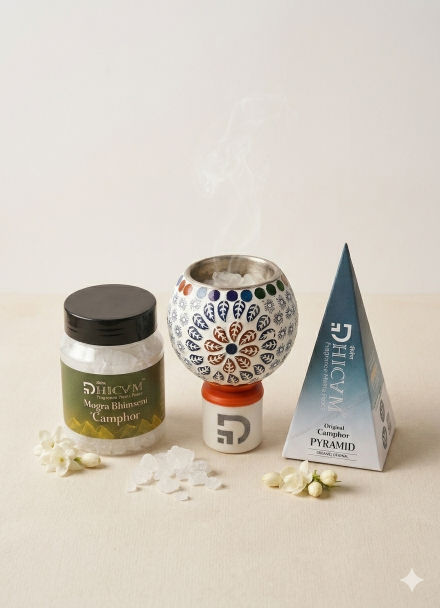 DHICAM Original Camphor Pyramid with Bhimseni Camphor & Ceramic Diffuser | Natural Aroma for Home, Office & Meditation