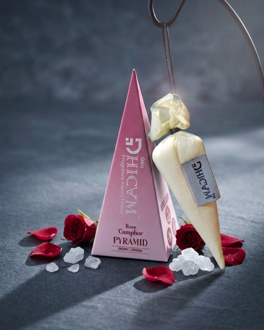 DHICAM Aroma Pyramid – Rose | Bhimseni Camphor Car & Room Freshener | 100% Natural | Zero Synthetic