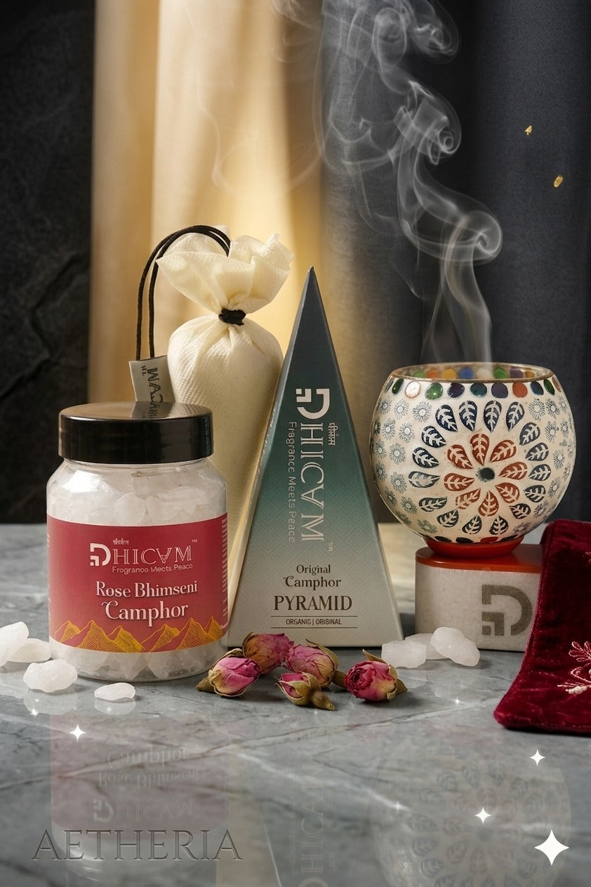 Premium Rose Camphor Combo by DHICAM – Bhimseni Camphor, Camphor Pyramid & Decorative Diffuser Set