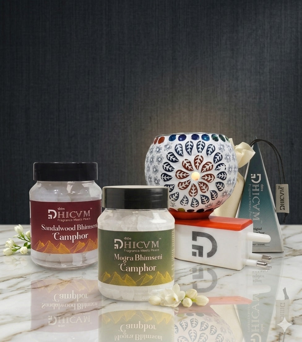 DHICAM Premium Camphor Fragrance Gift Set - Rose & Mogra Bhimseni Camphor with Original Camphor Pyramid and Diffuser