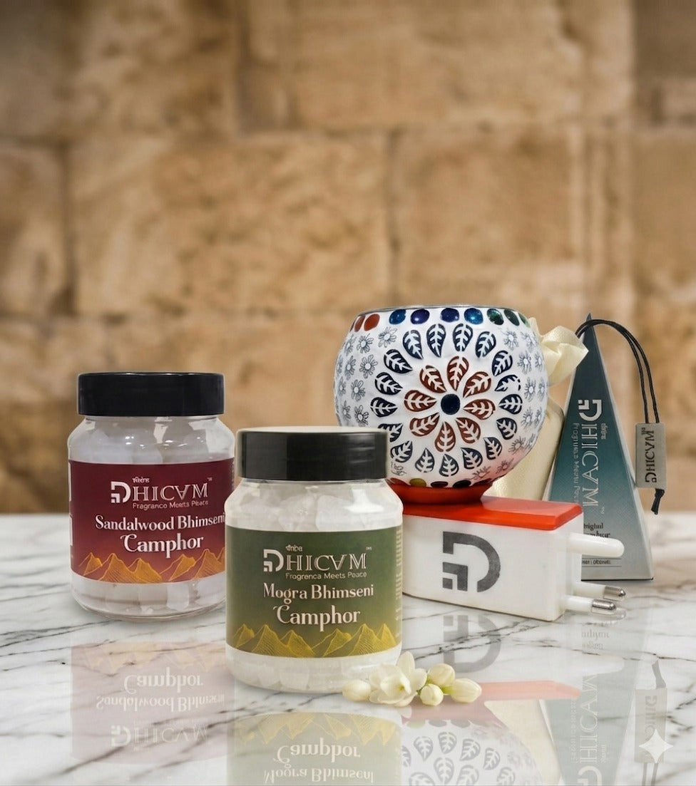 DHICAM Premium Camphor Fragrance Gift Set - Rose & Mogra Bhimseni Camphor with Original Camphor Pyramid and Diffuser