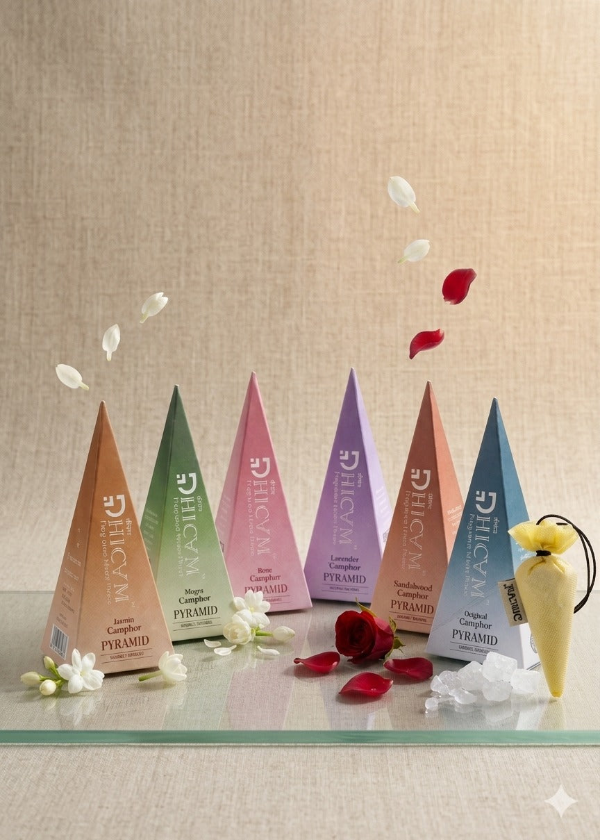 DHICAM Premium Camphor Pyramid Collection – Rose, Mogra, Lavender, Sandalwood & Oud Fragrance | Long Lasting Home & Car Freshener